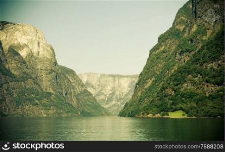 Tourism vacation and travel. Mountains and fjord Sognefjord in Norway, Scandinavia.