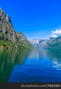 Tourism vacation and travel. Mountains and fjord Sognefjord in Norway, Scandinavia.