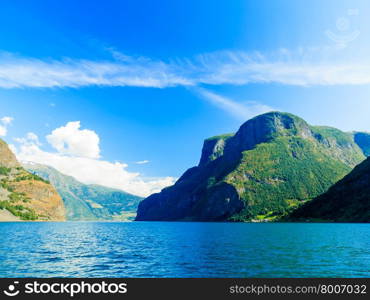 Tourism vacation and travel. Mountains and fjord Sognefjord in Norway, Scandinavia.