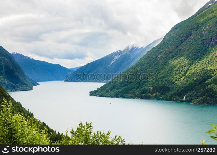 Tourism vacation and travel. Mountains landscape and fjord in Norway Scandinavia Europe. Beautiful nature. Mountains landscape and fjord in Norway