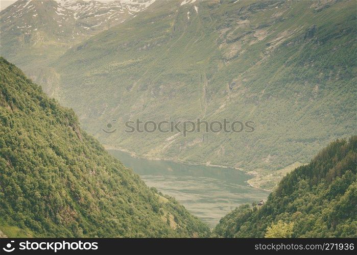 Tourism vacation and travel. Mountains landscape and fjord in Norway Scandinavia Europe. Beautiful nature. Mountains landscape and fjord in Norway
