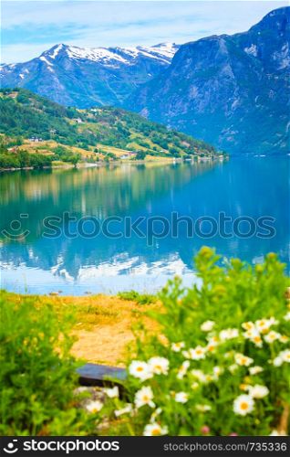 Tourism vacation and travel. Mountains landscape and lake Oppstrynsvatnet in Jostedalsbreen National Park, Oppstryn (Stryn), Sogn og Fjordane county. Norway Scandinavia.. Mountains and fjord in Norway,