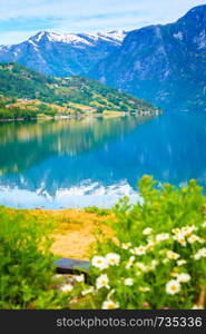 Tourism vacation and travel. Mountains landscape and lake Oppstrynsvatnet in Jostedalsbreen National Park, Oppstryn (Stryn), Sogn og Fjordane county. Norway Scandinavia.. Mountains and fjord in Norway,