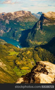 Tourism vacation and travel. View on Geirangerfjord with cruise ship and mountains landscape from Dalsnibba viewpoint, Norway.. Geirangerfjord from Dalsnibba viewpoint, Norway