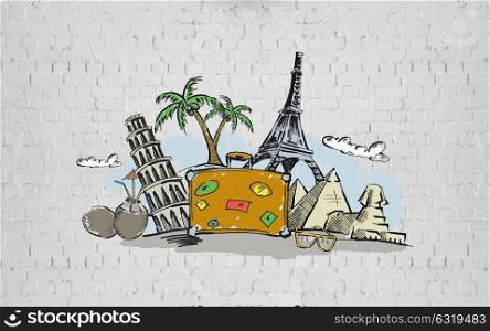 tourism, vacation, summer holidays, journey and trip concept - drawing of travel stuff and touristic landmarks. drawing of travel stuff and touristic landmarks