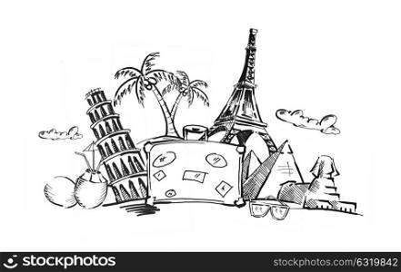 tourism, vacation, summer holidays, journey and trip concept - drawing of travel stuff and touristic landmarks. drawing of travel stuff and touristic landmarks