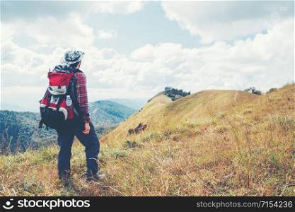 Tourist and Traveler Man with backpack the mountain Chiangmai Thailand