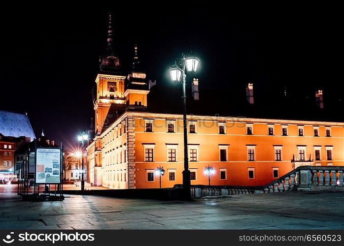tourist area of the old town in night Warshawa Poland