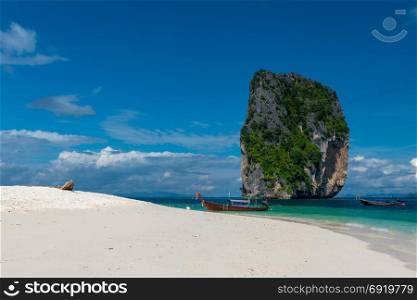 tourist attraction Poda Island, view of a beautiful rock on a sunny day, Thailand
