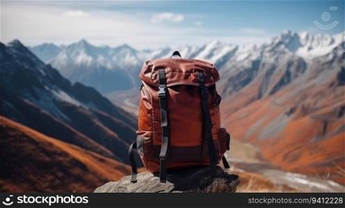 Tourist backpack isolate, mountain peaks background, outdoor activities. Header banner mockup with copy space. AI generated.. Tourist backpack isolate, mountain peaks background, outdoor activities. AI generated.