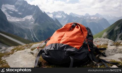 Tourist backpack isolate, mountain peaks background, outdoor activities. Header banner mockup with copy space. AI generated.. Tourist backpack isolate, mountain peaks background, outdoor activities. AI generated.