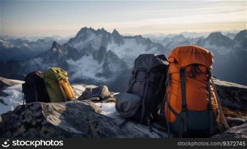 Tourist backpack on snowy mountain peaks background, outdoor activities. Vacation, travel, active leisure, extreme sport.  AI generated.. Tourist backpack isolate, mountain peaks background, outdoor activities. AI generated.