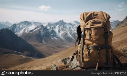 Tourist backpack on snowy mountain peaks background, outdoor activities. Vacation, travel, active leisure, extreme sport. AI generated.. Tourist backpack isolate, mountain peaks background, outdoor activities. AI generated.