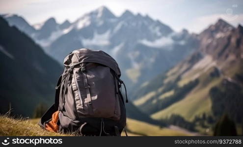 Tourist backpack on snowy mountain peaks background, outdoor activities. Vacation, travel, active leisure, extreme sport. AI generated.. Tourist backpack isolate, mountain peaks background, outdoor activities. AI generated.