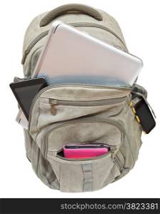 tourist backpack with mobile devices isolated on white background