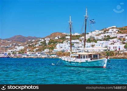 Tourist boat near Mykonos town, Greece. Greek landscape
