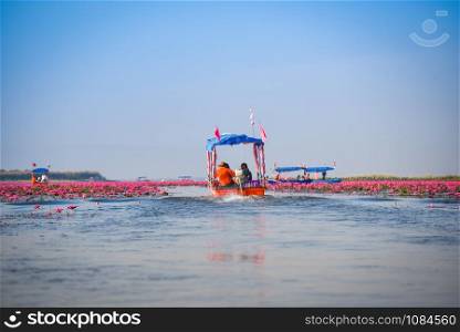 Tourist boat on the lake river with red lotus lily field pink flower on the water nature landscape in the morning landmark in Udon Thani Thailand