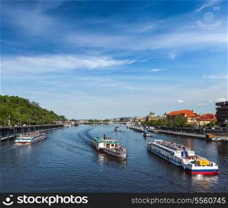 Tourist boats on Vltava river in Prague, Czech Republic