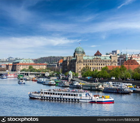 Tourist boats on Vltava river in Prague, Czech Republic