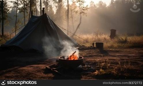Tourist c&tent with c&fire in summer green forest on sunset light, outdoor activities. Wellness family travel. AI generated.. Tourist tent with c&fire in summer green forest, outdoor activities. AI generated.