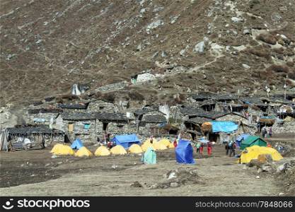 Tourist camping in Samdo village in Nepal