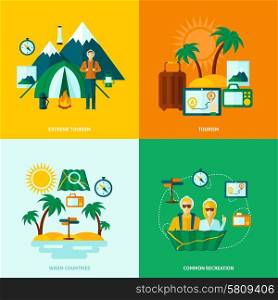 Tourist design concept set with extreme common warm countries recreation flat icons isolated vector illustration. Flat Tourist Set