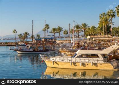 Tourist harbor, Mediterranean resort in Side in a beautiful summer day, Antalya, Turkey