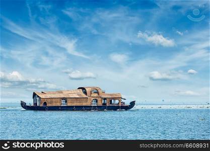Tourist houseboat in Vembanadu Lake, Kerala, India. Houseboat in Kerala, India