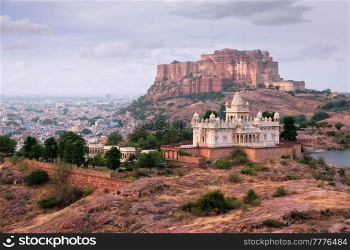 Tourist landmarks of Jodhpur - Jaswanth Thada mausoleum and Mehrangarh fort, Jodhpur, Rajasthan, India. Jaswanth Thada mausoleum, Jodhpur, Rajasthan, India