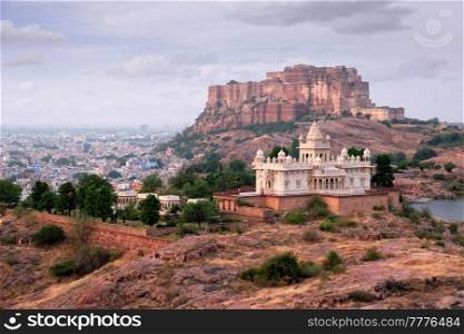 Tourist landmarks of Jodhpur - Jaswanth Thada mausoleum and Mehrangarh fort, Jodhpur, Rajasthan, India. Jaswanth Thada mausoleum, Jodhpur, Rajasthan, India