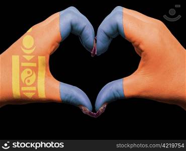 Tourist made gesture by mongolia flag colored hands showing symbol of heart and love