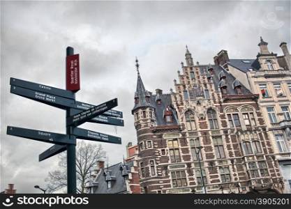 Tourist signpost in center of Brussels, Belgium