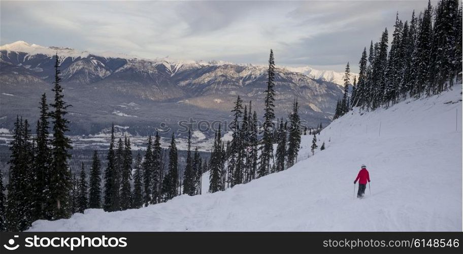 Tourist skiing in valley, Kicking Horse Mountain Resort, Golden, British Columbia, Canada