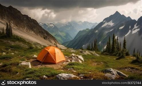 Tourist tent, c&ing on the plateau, mountains peaks background, outdoor activities. Family trip in nature. AI generated.. Tourist tent on the plateau, mountains tops background, outdoor activities. AI generated.