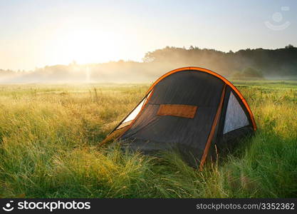 tourist tent in the sunrise