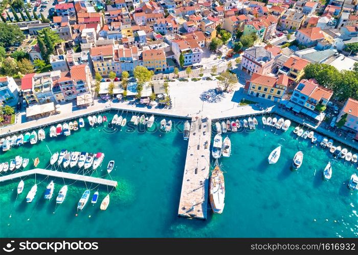 Tourist town of Selce waterfront and colorful architecture aerial view, Crikvenica riviera in Croatia