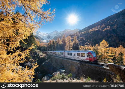 Tourist train on the swiss alps passes through mountains with glaciers and forests in autumn