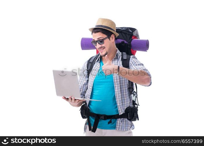 Tourist trying to find direction with laptop