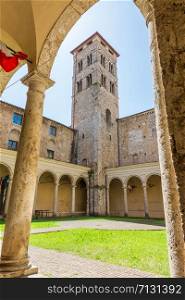 Tourist view of Rieti, in Lazio, Italy. St. Augustine church and Bell tower