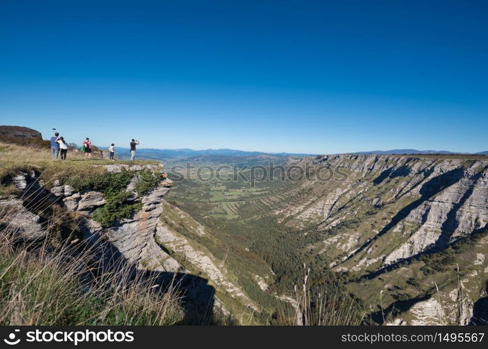 Tourist visiting famous viewpoint Salto del nervion in Burgos, Spain.