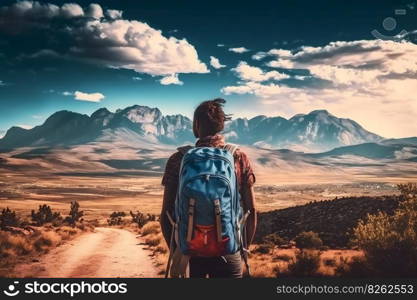 Tourist with a backpack in a mountain hike. Neural network AI generated art. Tourist with a backpack in a mountain hike. Neural network AI generated