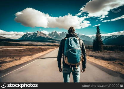 Tourist with a backpack in a mountain hike. Neural network AI generated art. Tourist with a backpack in a mountain hike. Neural network AI generated