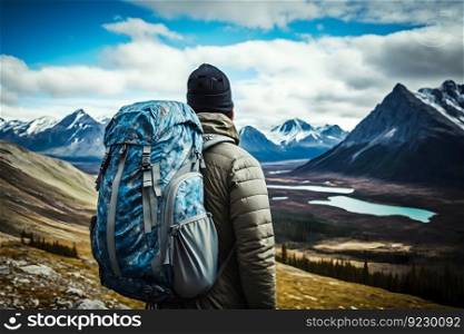 Tourist with a backpack in a mountain hike. Neural network AI generated art. Tourist with a backpack in a mountain hike. Neural network AI generated