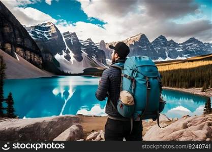 Tourist with a backpack in a mountain hike. Neural network AI generated art. Tourist with a backpack in a mountain hike. Neural network AI generated