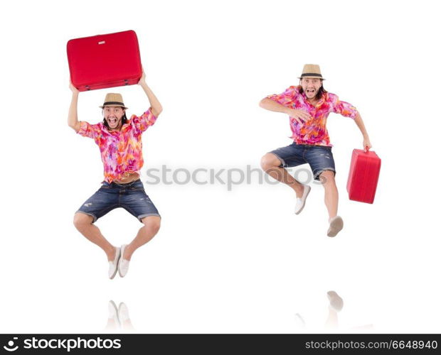 Tourist with suitcase isolated on white