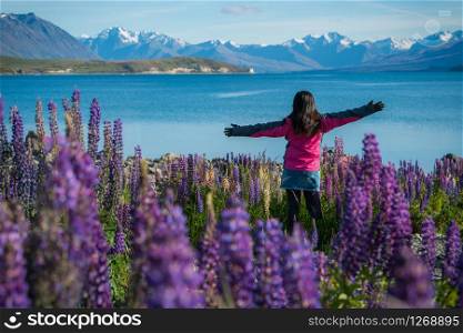 Tourist woman at lake Tekapo, New Zealand. Lupin flower at lake Tekapo blossom in summer in New Zealand. Happy travel. New Zealand landscape.