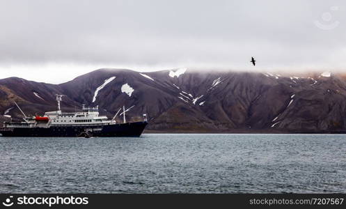 Touristic antarctic cruise liner following the black bird in the lagoonwith rocks of Deception Island, Antarctica