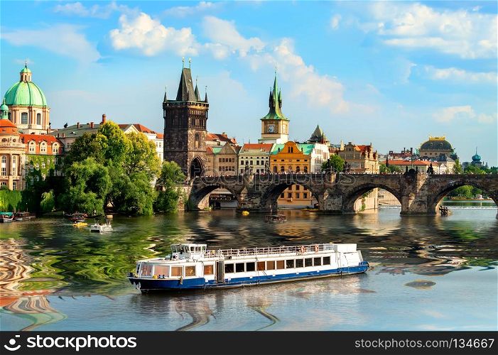 Touristic boat near the Charles bridge in Prague