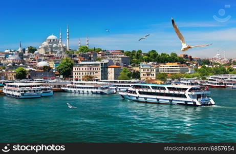 Touristic boats in Golden Horn bay of Istanbul and view on Suleymaniye mosque, Turkey