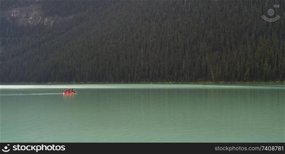 Tourists boating in Lake Louise, Improvement District 9, Banff National Park, Jasper, Alberta, Canada
